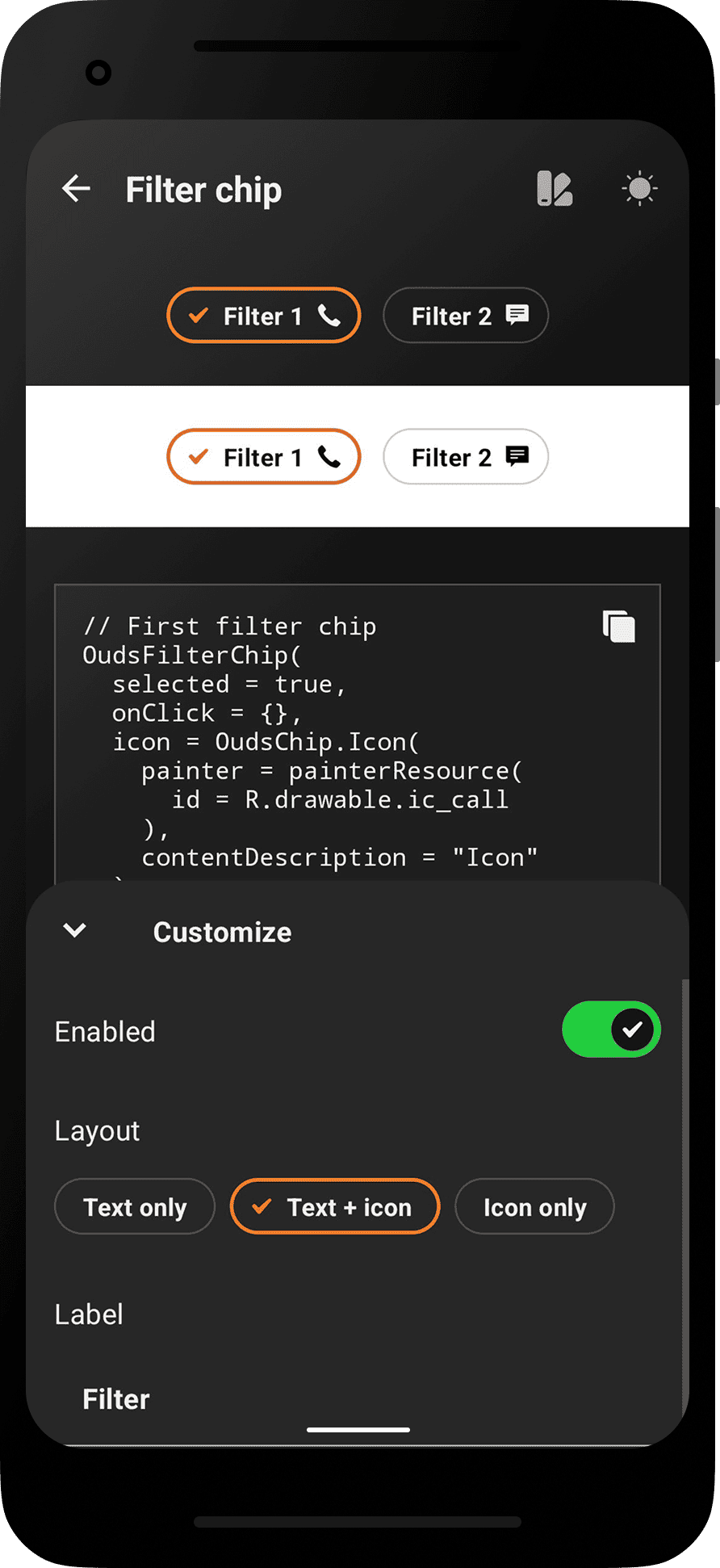 Android app - Filter chip dark section showcase